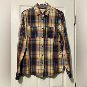 EUC Urban Pipeline red, yellow, blue and white button down shirt- L